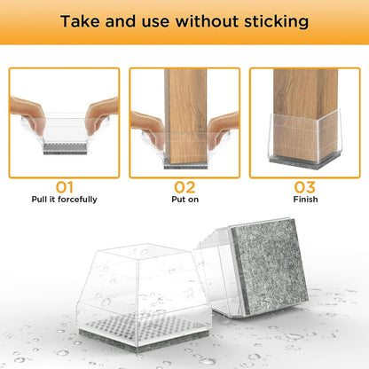 Square Chair Leg Protectors for Hardwood Floors,16 Pcs Silicone Felt Furniture Legs Caps to Prevent Floor from Scratches and Reduce Noise, Easy to Move,1.26-1.57",Clear.