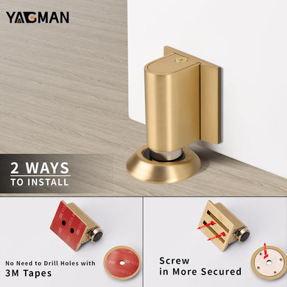 2 Pack Magnetic Door Stoppers Retractable Bottom of Door Holder No Drilling Mount Floor Door Stop with Screws and Adhesive Catch Door Keep Door Open Brushed Gold BG-2