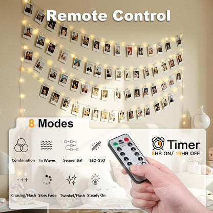 suddus 33ft 100 LED Fairy Lights with Clips for Pictures, Photo Lights with Remote USB Powered & Battery Operated with 45 Clear Clips, String Lights for Party, Bedroom, Decoration, Warm White