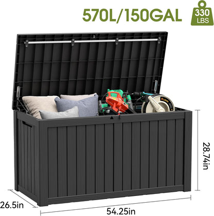 NUNU LAB 150 Gallon Outdoor Storage Box,Resin Large Sturdy Deck Box, Backyard Outside Storage Box Waterproof with Double Wall Panels,Package Delivery Garden Outdoor Hose Storage Bin