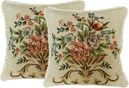 Set of 2 Beige Vintage Throw Pillows Covers 18x18in，Floral Embroidered Cushion Cover for Sofa Bedroom，Euro Sham Covers Retro Home Decor Pillows Covers