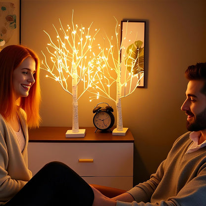 2-Piece Set: 2 Ft White Birch Tree with Lights, 144 LED Christmas Tree with Lights, Lighted up Tree Lamp USB/Battery Powered with Timer, Lighted Trees for Indoor Decor, Tabletop, Fireplace, Christmas