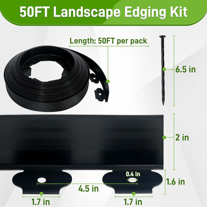 2 Inch x 50FT Landscape Edging Border with 45 Anchoring Spikes, No Dig Garden Border Edging Kit, Plastic Lawn Edging Border for Landscaping Garden Flower Beds Lawn Yard Paver Pathway, Black
