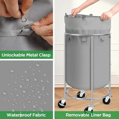 Laundry Hamper with Wheels, 100L Round Rolling Laundry Basket Sorter with Removable Bag, Clothes Cart Organizer with Steel Frame for Bedroom, Bathroom, Laundry Room, Grey