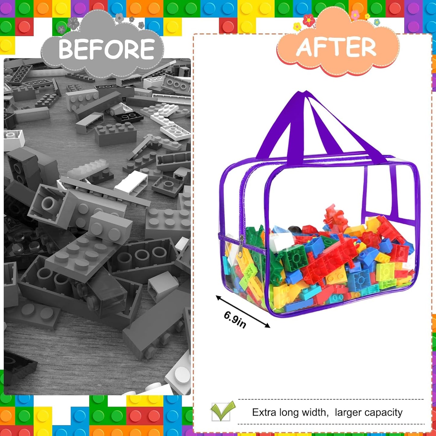 6 Colors Widen X-Large Toy Storage Bags 12.6×9.25×6.9In with Labels, Reusable Clear PVC Board Game Storage, Travel Waterproof Organizer Bags with Zipper for Building Blocks, Puzzle, Stuffed Animals