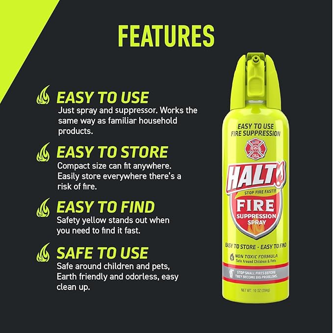 HALT! 10oz Fire Safety Spray – Non-Toxic, PFAS-Free Handheld Fire Suppressor – Easy to Use, Store & Find – Compact & Portable for Home, Kitchen, Car, BBQ, Camping & Tailgate – Made in USA (Single)