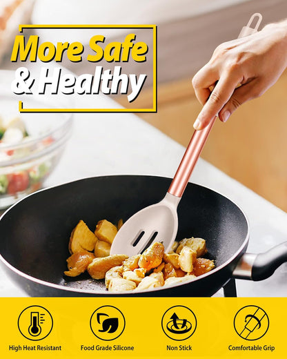 Pack of 2 Large Silicone Cooking Spoons,Non Stick Solid Basting Spoon,Heat-Resistant Kitchen Utensils for Mixing,Serving,Draining,Stirring (ROSE GOLD KHAKI)