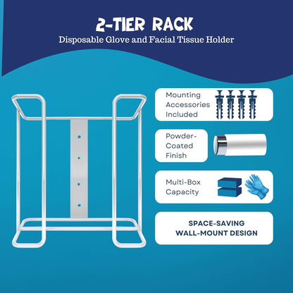 Disposable Glove and Facial Tissue Wire Rack, Dispenser, Wall Mount Design With Mounting Accessories Included, White Durable Metal Organizer Glove Dispenser for Home, Lab, Office and Food Service