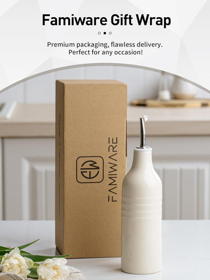famiware Jupiter 16oz Ceramic Olive Oil Dispenser Bottle, 1 Piece Oil Dispenser for Kitchen with Stainless Steel Pourers, Suitable for Storage Vinegar, Soy Sauce, Coffee Syrup, Vanilla White
