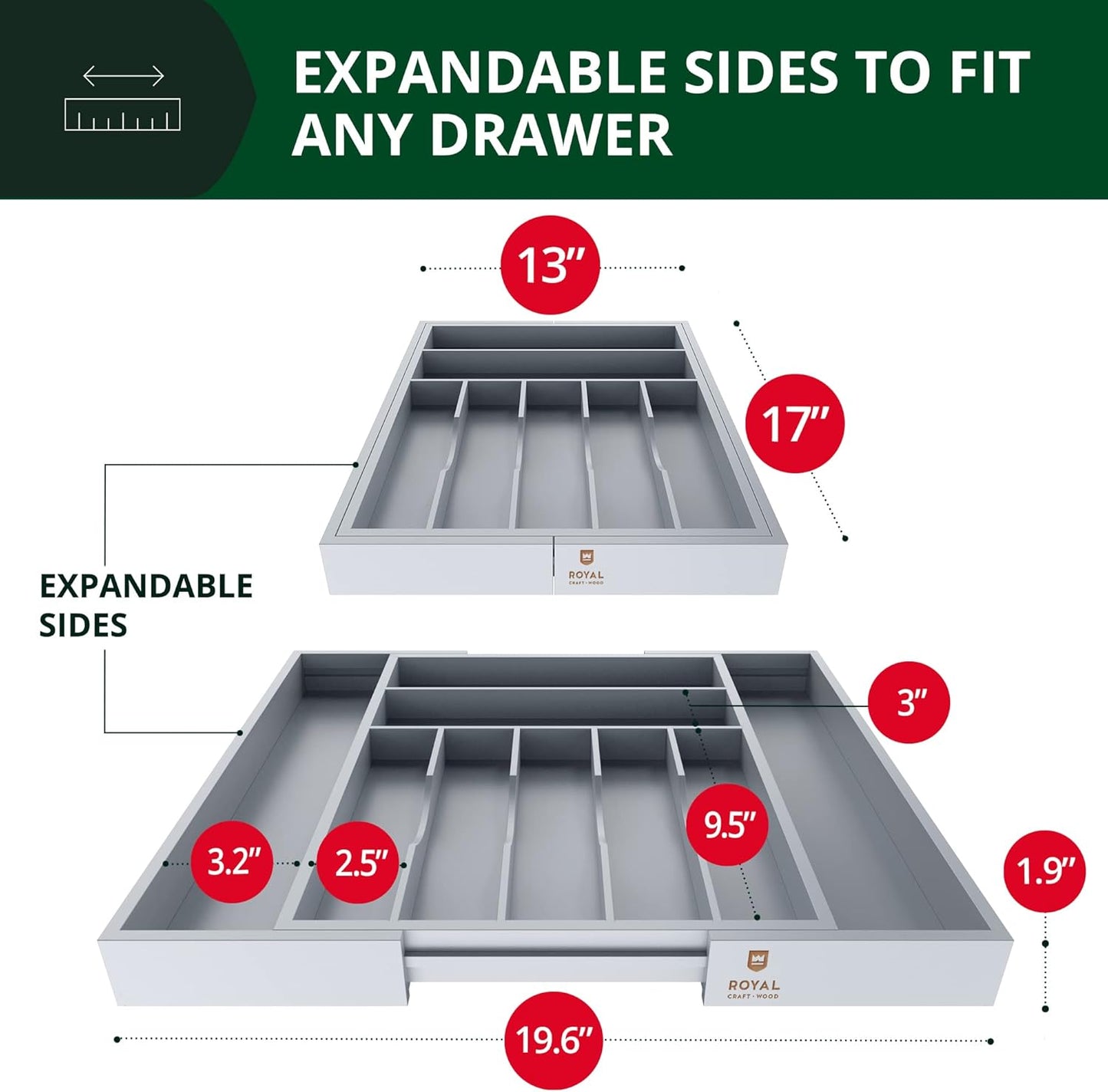 Luxury Bamboo Kitchen Drawer Organizer - Silverware Organizer - Utensil Holder and Cutlery Tray with Grooved Drawer Dividers for Flatware and Kitchen Utensils (9 Slot, Gray)