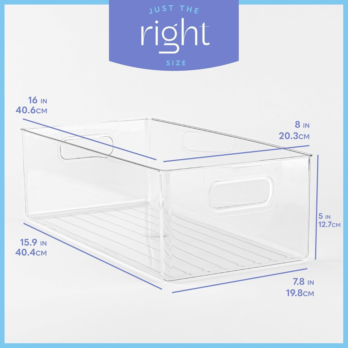 Plastic Food Storage 2 Pack Clear Container Bin with Handles for Organizing Kitchen, Pantry, Refrigerator, Freezer, Pantry, Cabinet, Closet, Bathroom. 16”x8”x5”