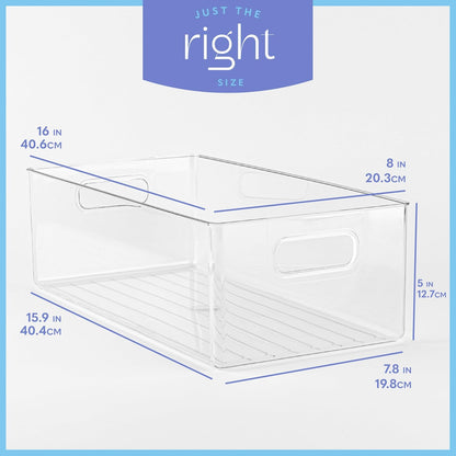 Plastic Food Storage Clear Container Bin with Handles for Organizing Kitchen, Pantry, Refrigerator, Freezer, Pantry, Cabinet, Closet, Bathroom. 16”x8”x5”