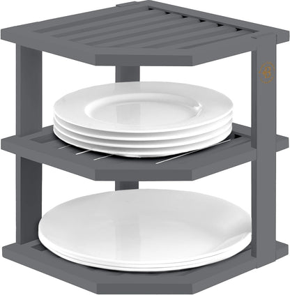 Cabinet Organizer Shelf - Bamboo Corner Rack for Kitchen Counter, Cabinet Space Saver for Plates, Dishes, Bowls, Bread Pantry, Bathroom Storage or Countertop Stand, Grey