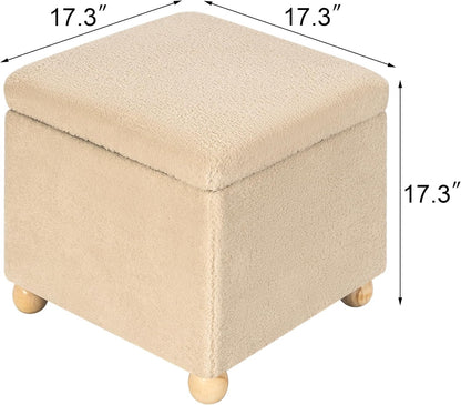 Adeco 17 Inch Soft Oatmeal Cube Ottoman Storage, Teddy Velvet Chair Foot Stools, Upholstered Vanity Stool with Hinged Lid, Solid Round Wood Legs