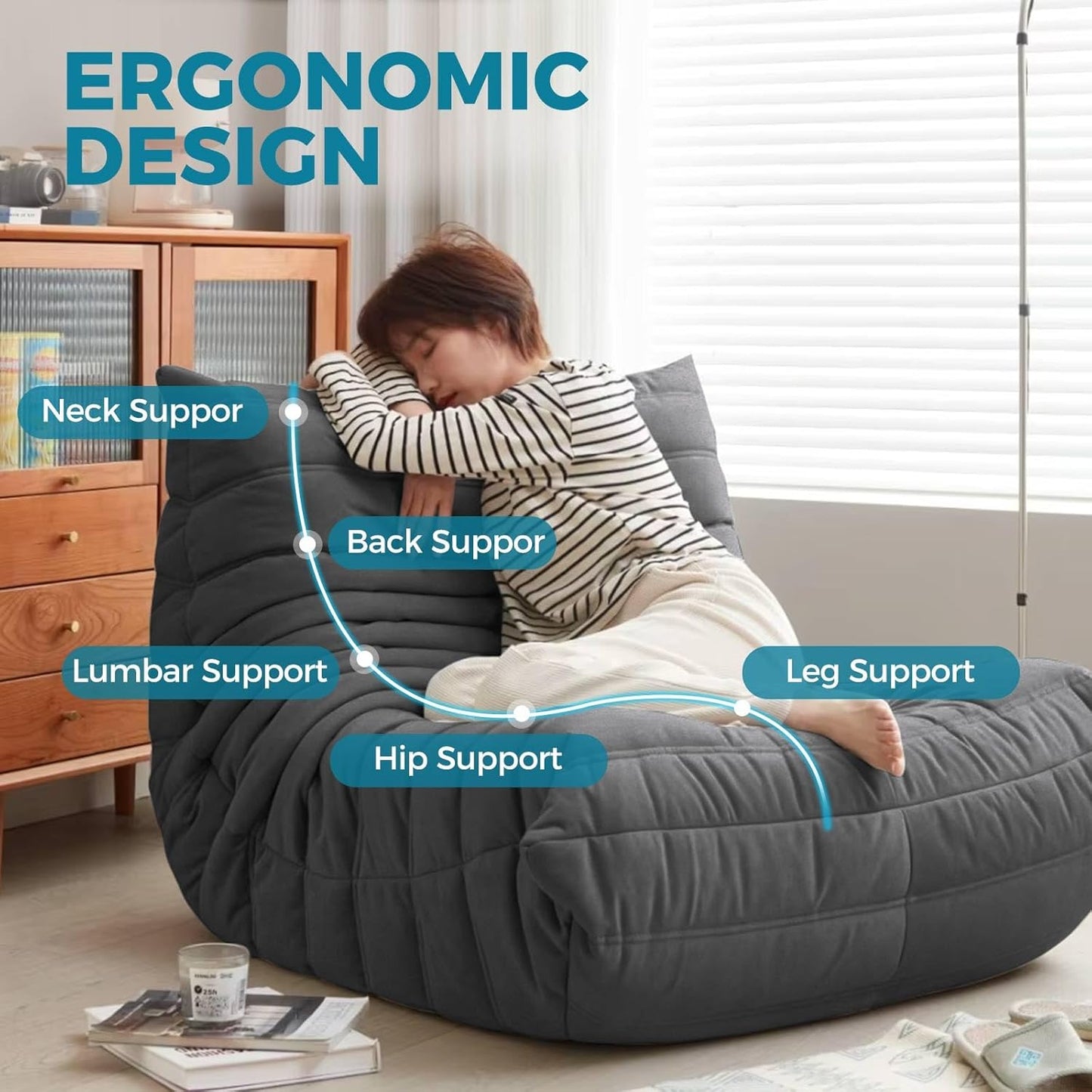 Modern Living Room Chair, Big Bean Bag Adult Floor Sofa, Togo Recliner Memory Foam Lazy Couch Suitable Balcony for Fireside Chair (Dark Grey)