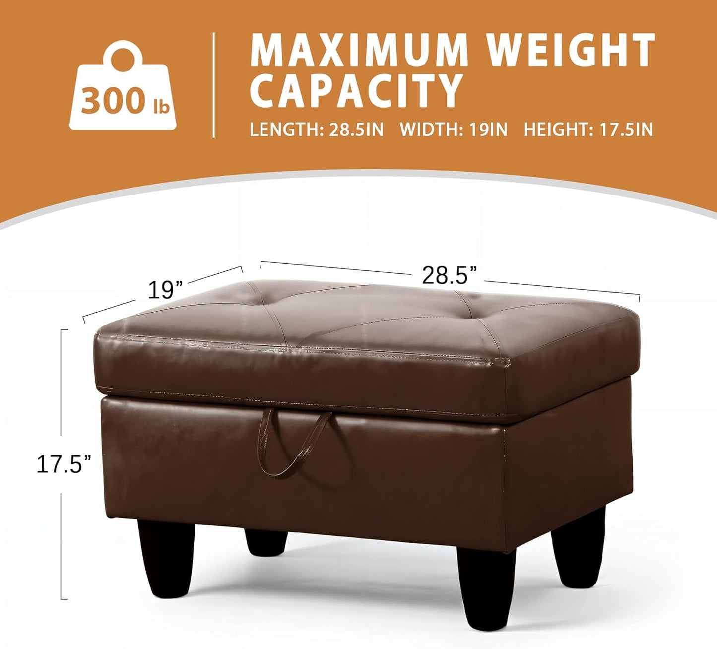 Ottoman Rectangular Storage Ottoman Bench, Faux Leather Footrest, Coffee Table, Stool Footstool with Hinged Lid for Living Room, Bedroom, Entryway, Brown, 28.5"x19"x17.5"