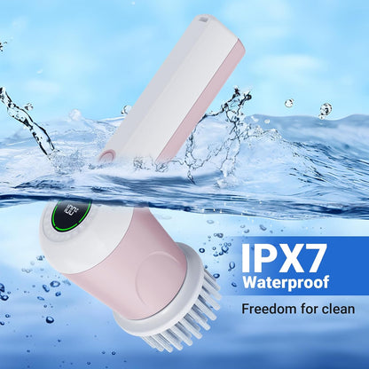 Electric Spin Scrubber, Cordless Shower Scrubber with Battery Level Display, 2 Speeds Electric Scrubber for Cleaning with 6 Replaceable Heads, Cleaning Brush for Bathroom/Sink/Window (Pink)