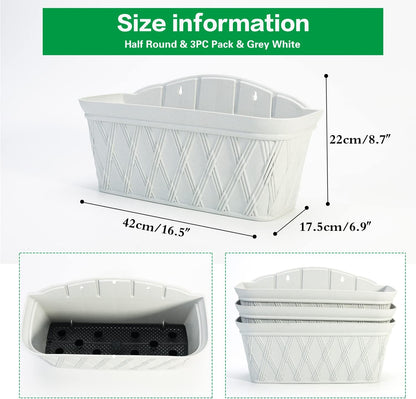 Sungmor 3 Pack Wall Hanging Planters, 16.5 Inch Railing Fence Hanging Flower Pots, Thickened Plastic Water Storage Plant Pot, Indoor Outdoor Garden Balcony Decor, Light Grey Large Plant Basket