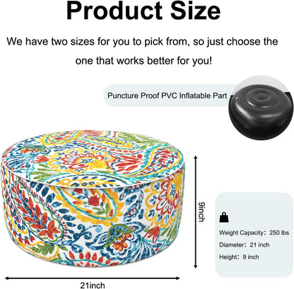 Inflatable Ottoman Stool D21 xH9 for Outdoor/Indoor Use, Water Repellent Patio Foot Rest Stool with Portable Handle,Round Pouf Ottoman Suitable for Garden,Deck and Camping - Paisley Multi