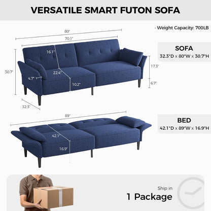 89” Futon Sofa Bed, Linen Comfy Futon Couch Bed with 2 Square Pillows, Convertible Sleeper Sofa with Adjustable Backrest& Armrests, Modern Loveseat Sleeper for Living Room, Bedroom, Blue