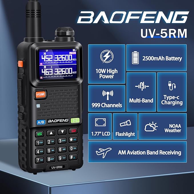 BAOFENG 5RM Ham Radio 10W Long Range Handheld NOAA Weather Receiver 2500mAh Battery UV-5RM Radio with Programming Cable,Speaker Mic,Tactical Antenna,Type-C Charging,2Pack