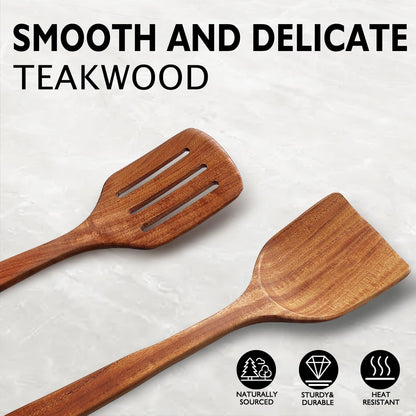 Wooden Spatulas for Cooking Non-Stick Kitchen Pan Toolset 2 PCS Set, Natural Teak Kitchen Utensils,Smooth Finish Utensils Fried Spatula,Turner Non-Stick Wooden Cooking Utensils