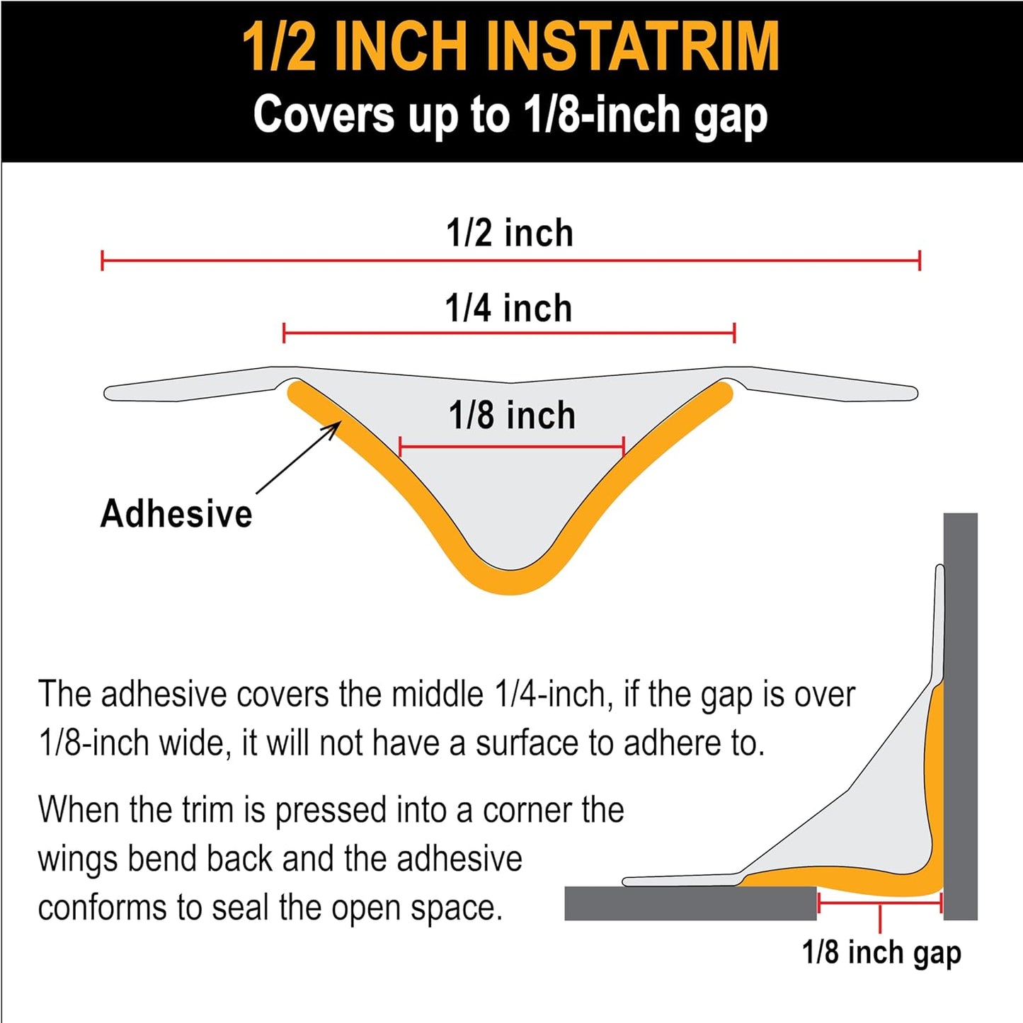 InstaTrim New & Improved Self-Adhesive Caulk Trim, 1/2" x 10', 2-Pack, Flexible, Waterproof, Stain Resistant for Bathroom, Floors, Walls, DIY Project, White