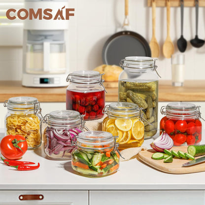 ComSaf 25oz Airtight Glass Canisters with Lids Set of 6, Square Food Storage Jar Container with Clamp Lids for Kitchen Canning Cereal Coffee Pasta Sugar Beans Spice, Clear Mason Jars with 12 Labels