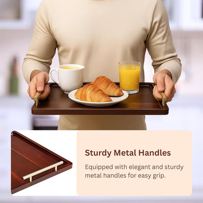 Acacia Wood Serving Tray – 17" x 13" Ottoman Tray with Metal Handles for Coffee Table, Breakfast, Snacks, Tea, Food – Decorative Wooden Tray for Kitchen, Living Room & Bedroom