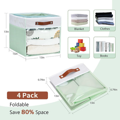 HNZIGE 13x15x13 Cube Storage Bins, 4 Pack Fabric Clear Organizer With Window, Large Collapsible Shelf Bins for Closet, Toy, Clothes - White Green