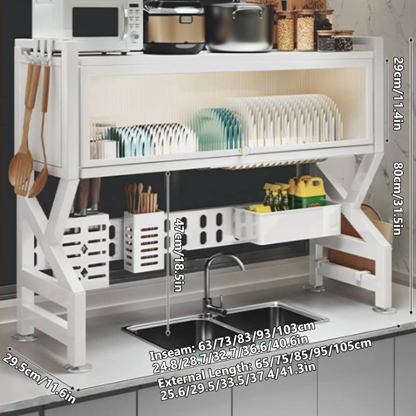 Kitchen sink rack dishwashing sink countertop dustproof cupboard storage multifunctional tableware storage drain rack double layer,KeepKitchen Sink Shlef Organized Space-Saving(White,95cm/37.4in)