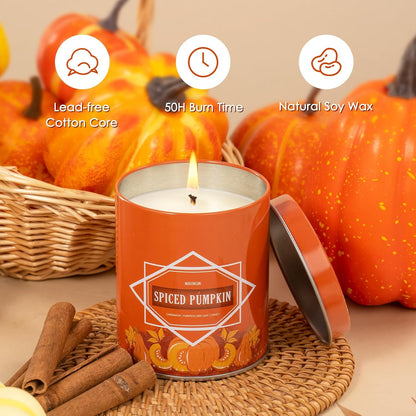 Pumpkin Spice Fall Scented Candle – 9 oz Soy Wax in Travel-Friendly Reusable Tin, Non-Toxic & Clean Burning, 50-Hour Burn – Cozy Autumn Fragrance, Holiday Gift & Fall Decor for Women & Men