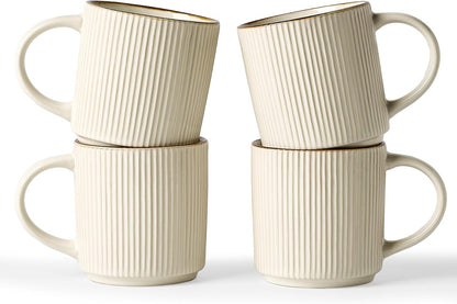 famiware Coffee Mug Set for 4, Star 12 oz Catering Mugs Cup Set with Handle for Coffee, Tea, Cocoa, Milk - Ceramic Stoneware Drinkware Set, White