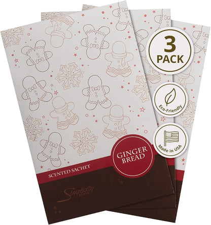 Simplicity Scents Gingerbread Scented Sachets Pack of 3, Fall & Winter - Long-Lasting Scented Bags, Home Fragrance, Air Freshener & Deodorizer for Closet, Room, Drawer, or Cars, Made in USA