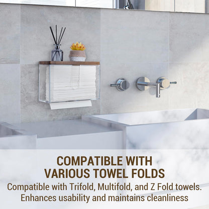 MyGift Deluxe Modern Metal Folded Commercial Paper Towel Holder with Rustic Burnt Solid Wood Tray Lid, Wall Mounted Trifold Multifold Z Fold Disposable Napkin Dispenser (Acrylic & Burnt Wood)