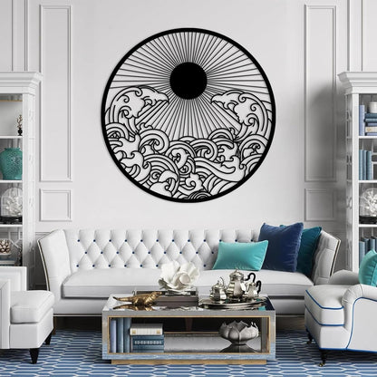 Metal Sun Wall Decor Outdoor, Sunrise Metal Wall Art, Metal Wave Wall Art, Sunrise and Wave Wall Decor, Sunburst Wall Art, Sunset Wall Art, Wall Hangings for Bedroom (Silver, 39x39in|100x100cm)