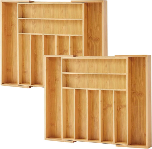 Bamboo Drawer Organizer, 2 Pack - Expandable Silverware Organizer & Utensil Drawer Organizer, Cutlery Tray with Dividers, 7-9 Slots- Premium Kitchen Organizer for Utensils & Flatware (Natural)