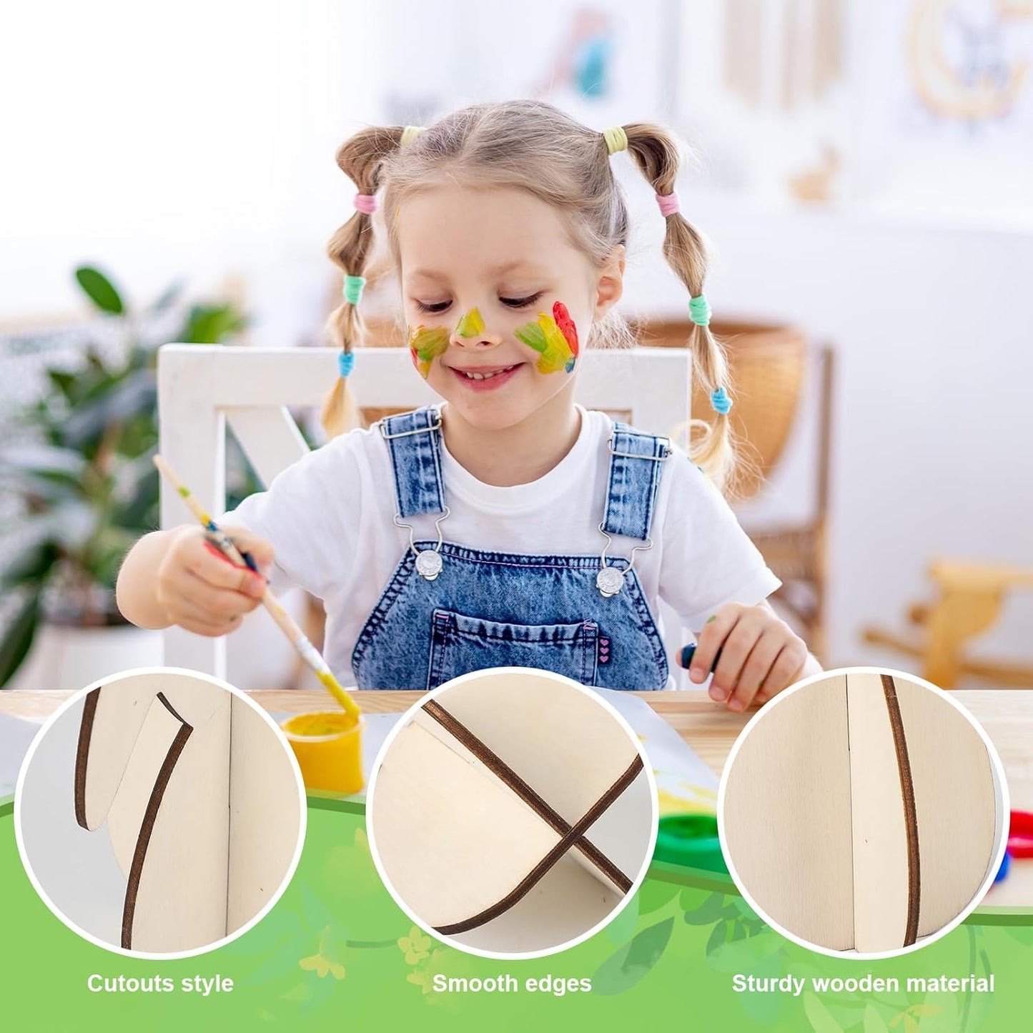 COCHIE DIY 3D Easter Eggs Wood Crafts to Paint for Kids Adults, Paintable Unfinished Wooden Slices for Craft, Bunny Ears Cutouts Ornaments for Painting Decorations (24 PCS)