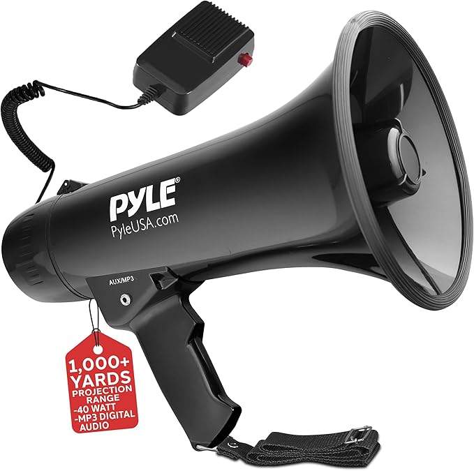 Pyle Megaphone Speaker PA Bullhorn Built-in Siren - Adjustable Volume Control & 1200Yard Range - for Football, Soccer, Baseball, Hockey & Basketball Cheerleading Fans & Coaches or for Safety Drills