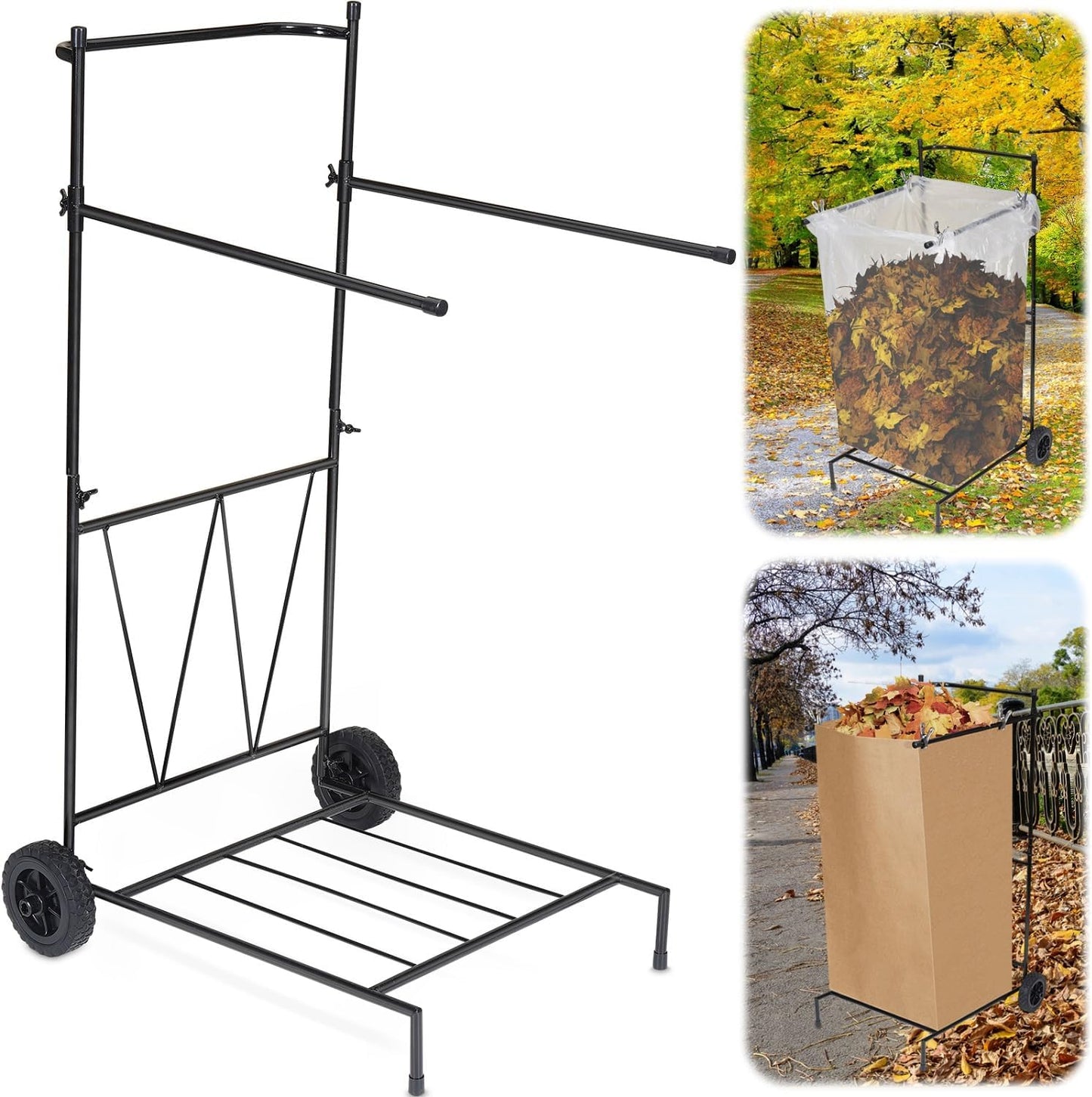 Heavy Duty Portable Trash Bag Holder with Wheel, Adjustable 30-45 Gallon Outdoor Leaf Bag Stand, Durable Trash Bag Rack, for Yard, Lawn Cleanup, Gardening, Camping & Parties