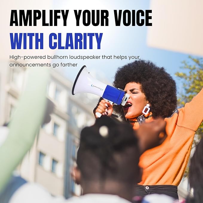 Technical Pro Rechargeable Portable 75-Watt Megaphone Bullhorn Speaker w/Siren & Detachable Microphone - Battery w/Battery a Built-in AC Wall Charger, Good for Trainers, Coaches, Cheer Leaders