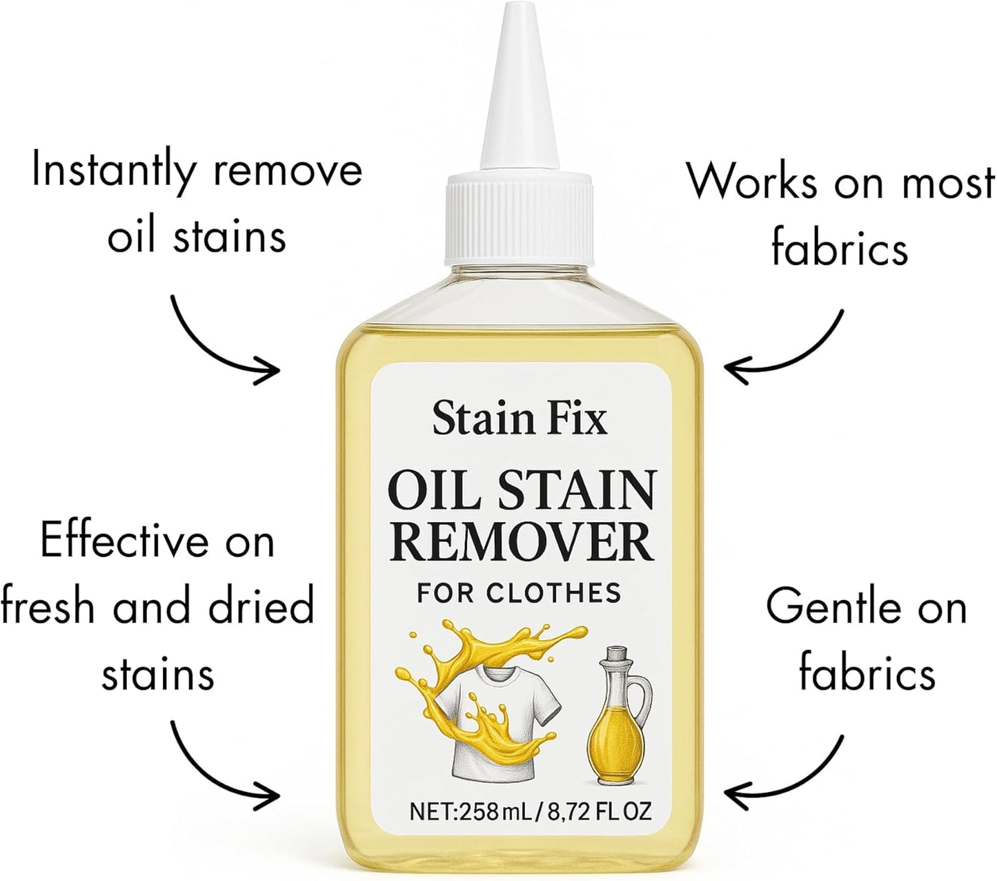Instant Oil Stain Remover for Clothes (8.72oz) - Fabric Stain Remover For Cooking, Engine, Dried Oil And Grease Stains - Safe for All Fabric Types