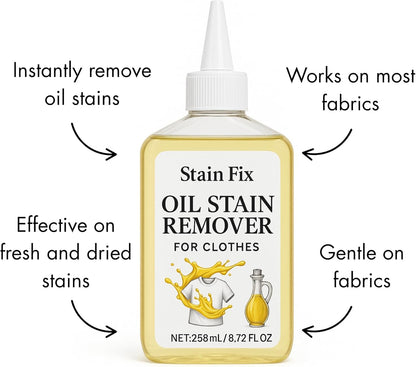 Instant Oil Stain Remover for Clothes (8.72oz) - Fabric Stain Remover For Cooking, Engine, Dried Oil And Grease Stains - Safe for All Fabric Types
