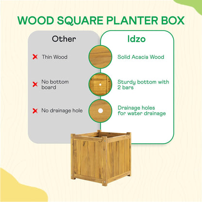 IDZO Set of 2 Acacia Wood Flower Planters for Outdoor Plants, Ergonomic Handles, Drainage Holes, Various Sizes, Ideal for Home Décor, Golden Teak