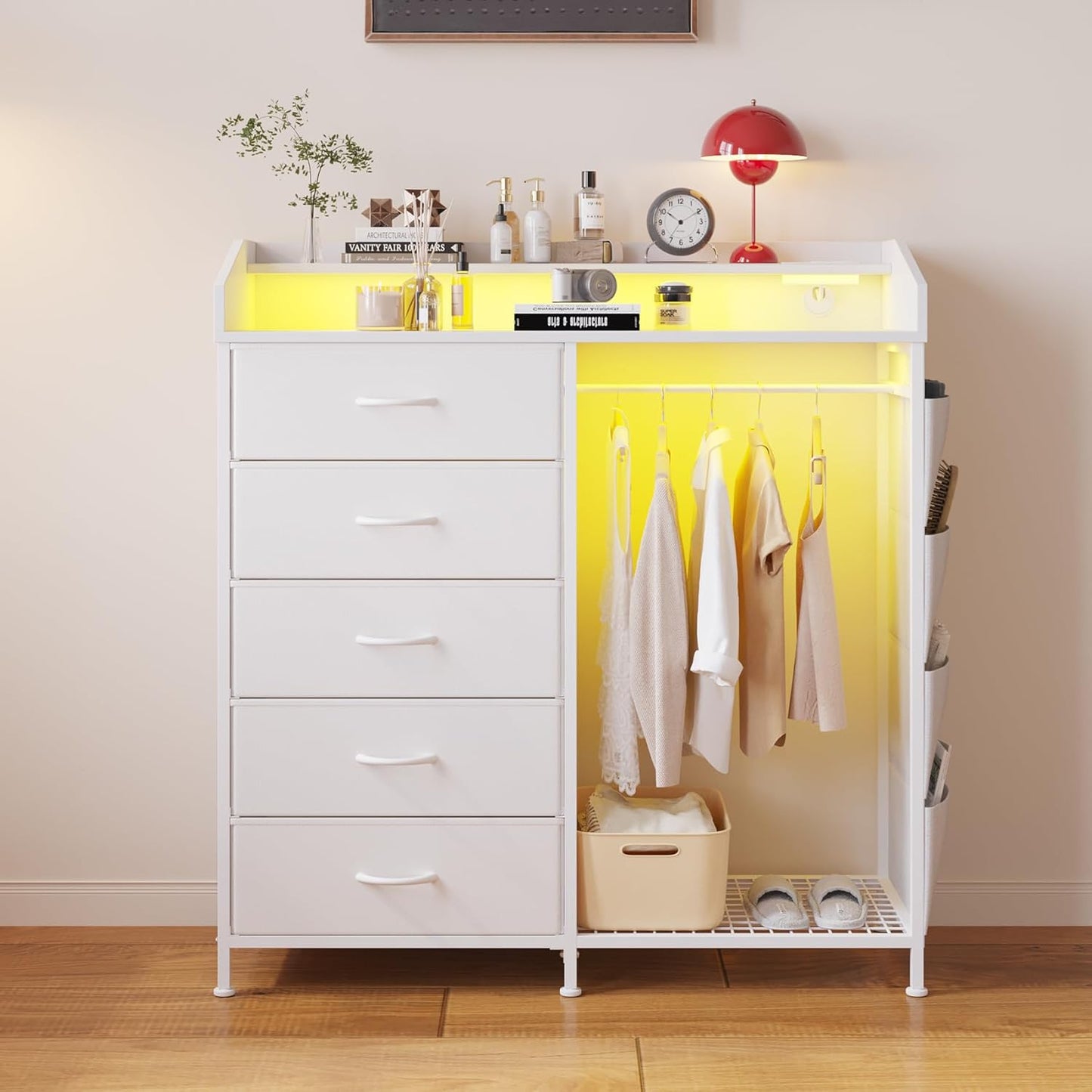 LUMTOK Modern 5 Dresser with LED Hanging Rack, Dresser with Clothes Rack, Hanger Rack, and Storage Drawers, Drawer Dressers with Coat Racks for Bedroom Living Room, Entryway, Closets (White)