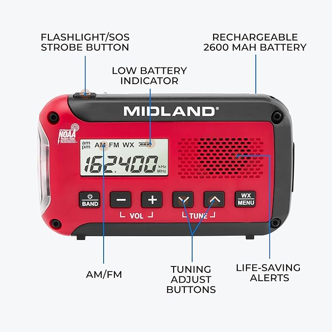 Midland® - ER10VP Weather Radio with Flashlight & Emergency Alert - AM/FM Radio - Compact and Easy to Carry - SOS Strobe Signal and Headphone Jack