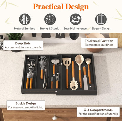 Lifewit Utensil Drawer Organizer, Expendable Cooking Silverware Tray for Kitchen Drawer, Bamboo Adjustable Cutlery Flatware Holder, Spatula Tools and Gadgets Storage Divider, 4 Compartments, Black