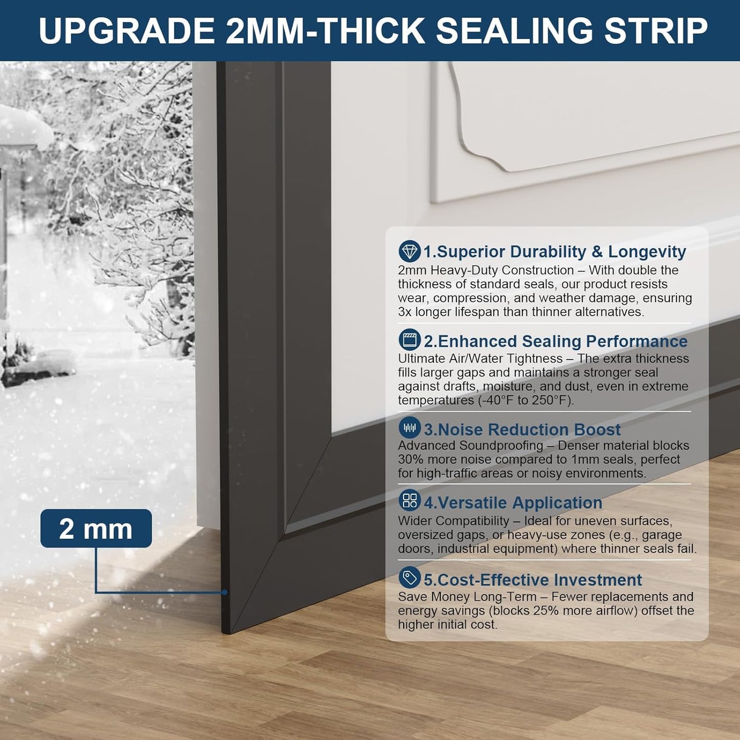 Heavy-Duty 20 ft x 3 in Weather Stripping, Extra Thick 2mm Door Draft Stopper Silicone Seal Strip for House and Glass Shower Doors for Collision and Side Gaps of Door and Windows, Black