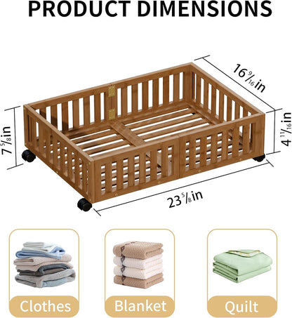 Bamboo Under Bed Storage with Wheels (2-Pack) – Rolling Underbed Shoe Organizer Box for Shoes, Blankets, Toys, Clothes Container Space-Saving Organizer Bins for Bedroom, Closet, Dorm, Nursery