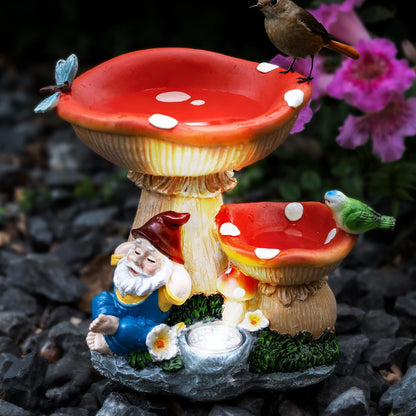 TIJNN Solar Gnome Statue with LED Lights, Bird Water Feeder Garden Decor for Patio, Lawn, or Home, Mushroom Figurine Outdoor Decoration Garden Gifts